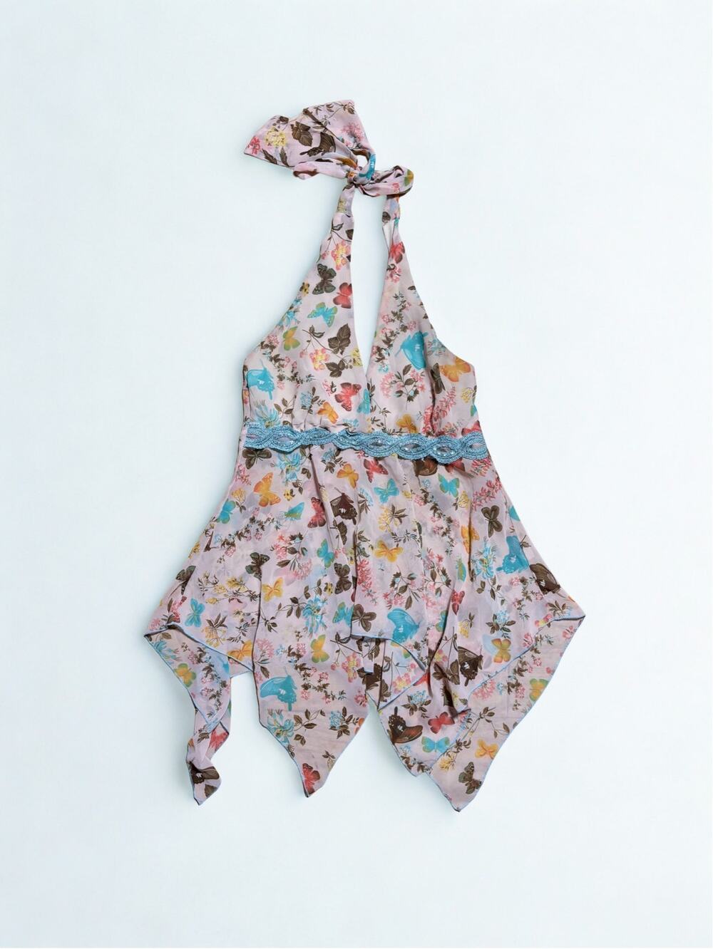 Vtg Y2K Lette Butterfly Print Surplice Halter Top Handkerchief Hem Sequined